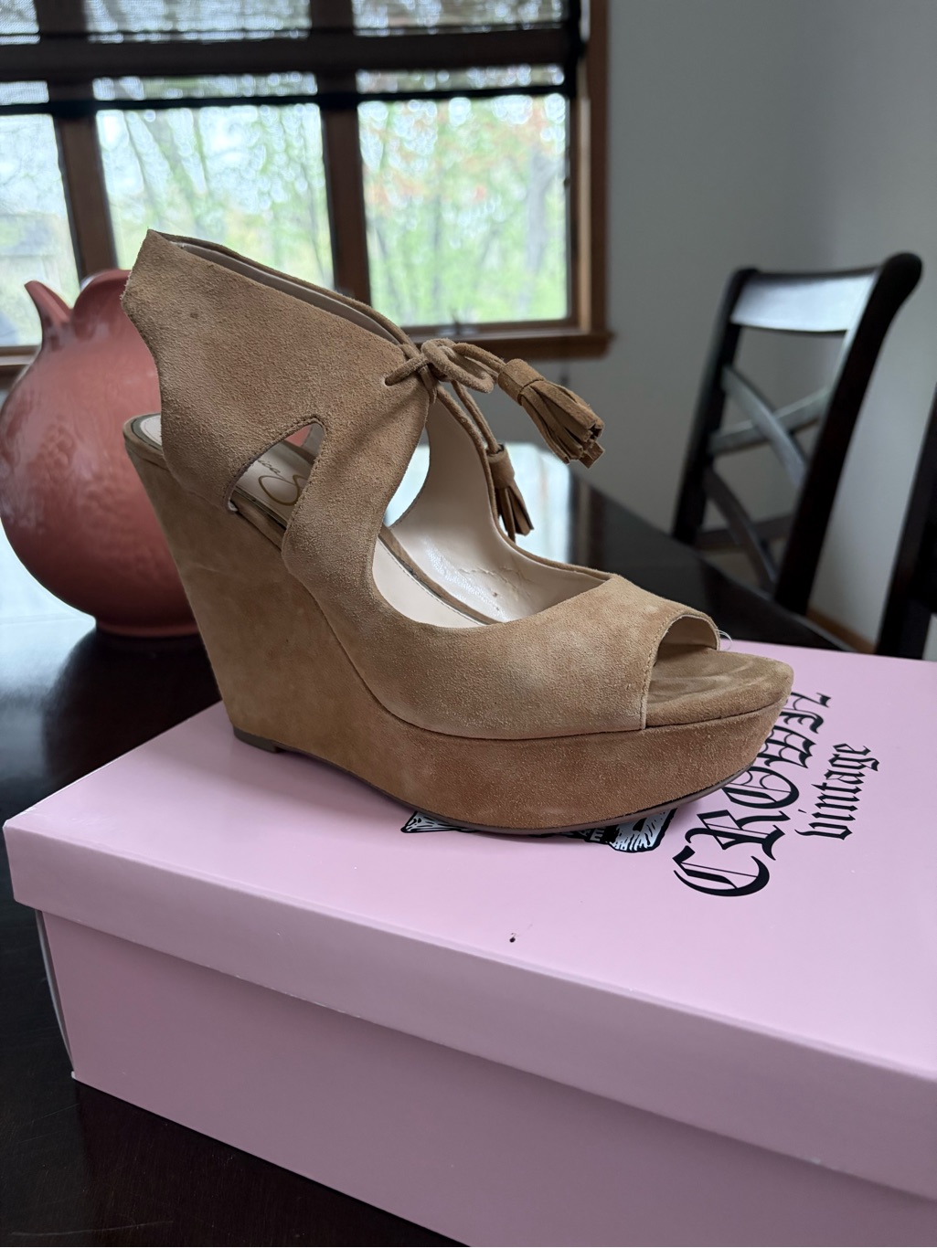 Jessica Simpson Tan Suede Tassel Peep-Toe Wedge Sandals